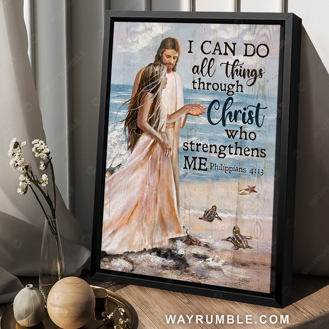 Beautiful girl, Beach painting, I can do all things through Christ who strengthens me - Jesus Portrait Canvas Prints, Christian Wall Art