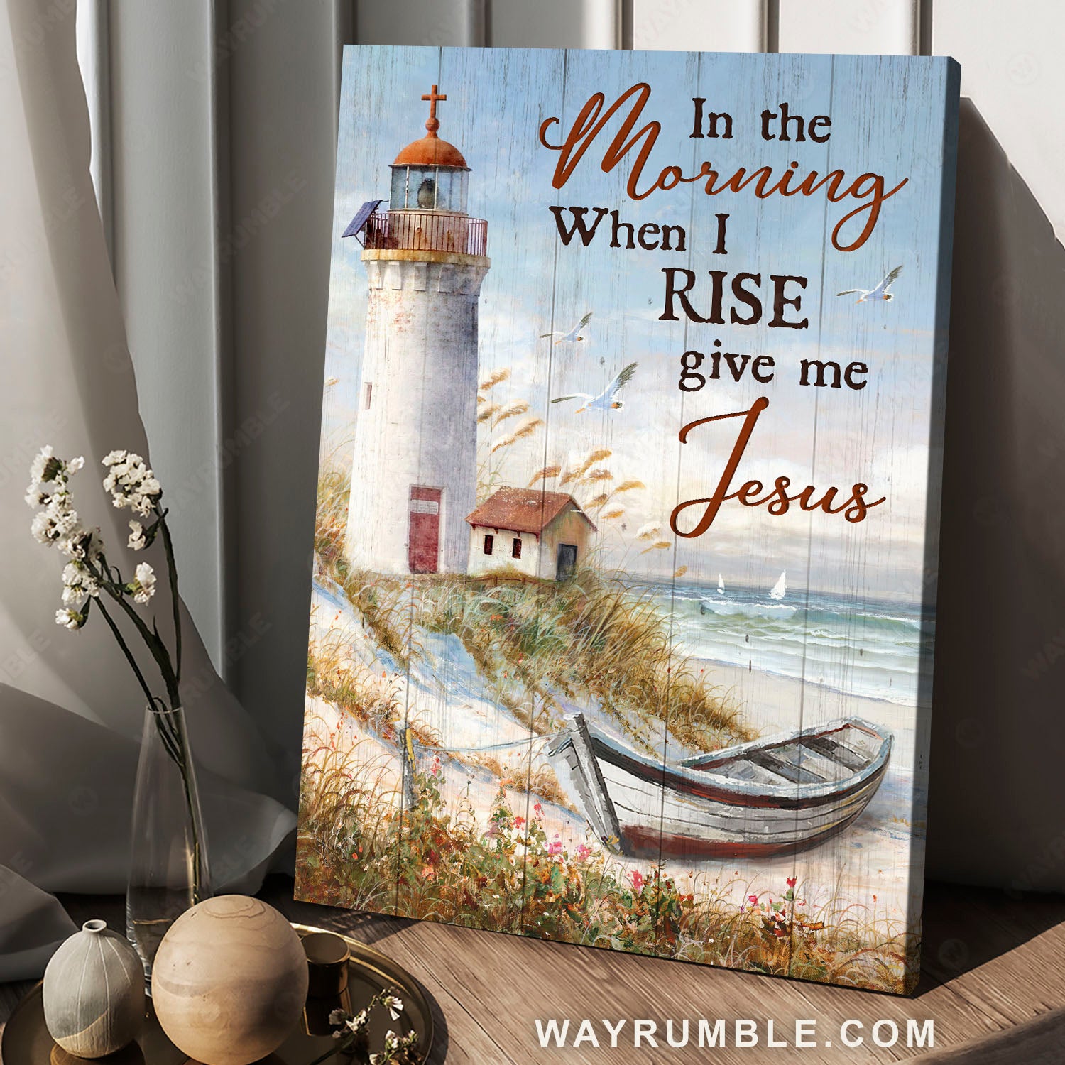 Lighthouse drawing, Wooden boat, Beach flower, In the morning give me Jesus - Jesus Portrait Canvas Prints, Christian Wall Art