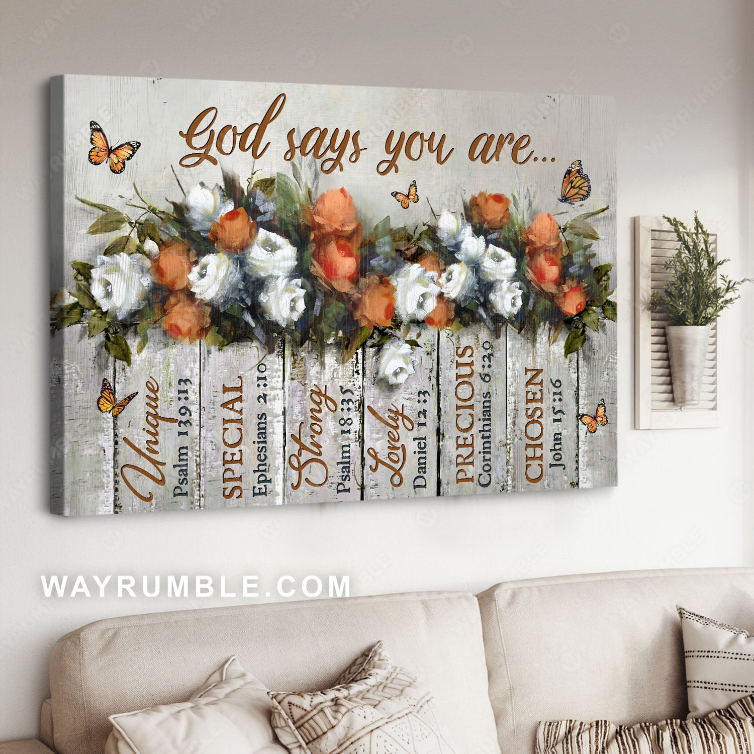 White rose, Orange rose, Monarch butterfly, God says you are unique - Jesus Landscape Canvas Prints, Christian Wall Art