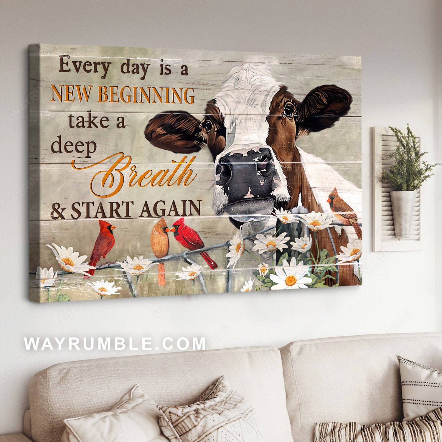 Watercolor dairy cow, Little cardinal, Daisy garden, Every day is a new beginning - Jesus Landscape Canvas Prints, Home Decor Wall Art