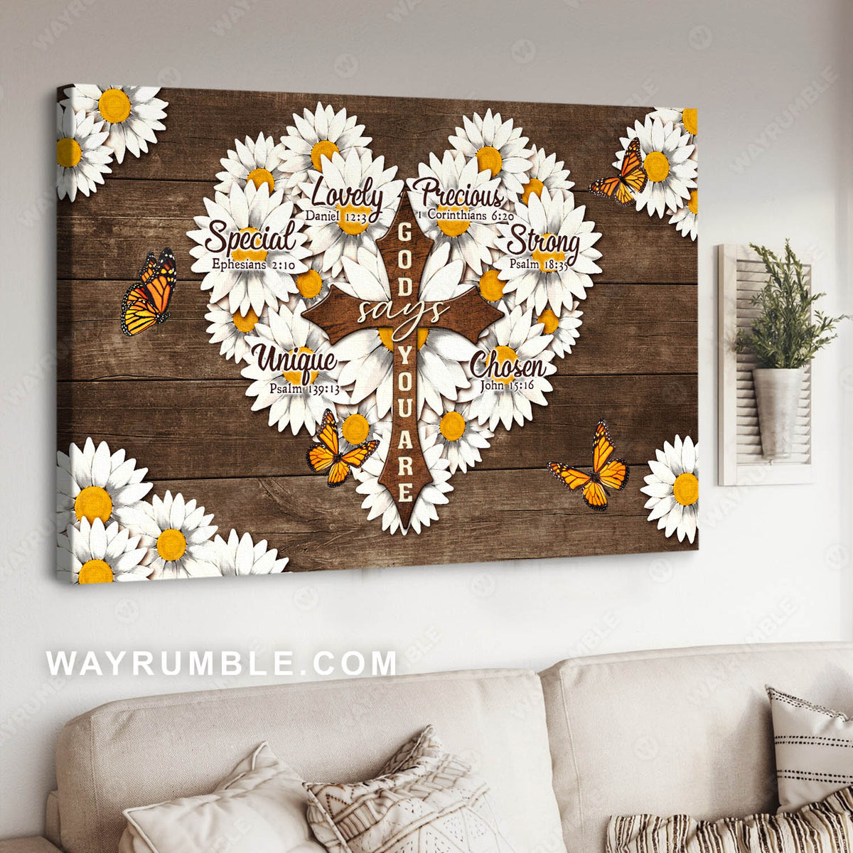 Flower heart, Wooden cross, Orange butterfly, God says you are unique - Jesus Landscape Canvas Prints, Christian Wall Art