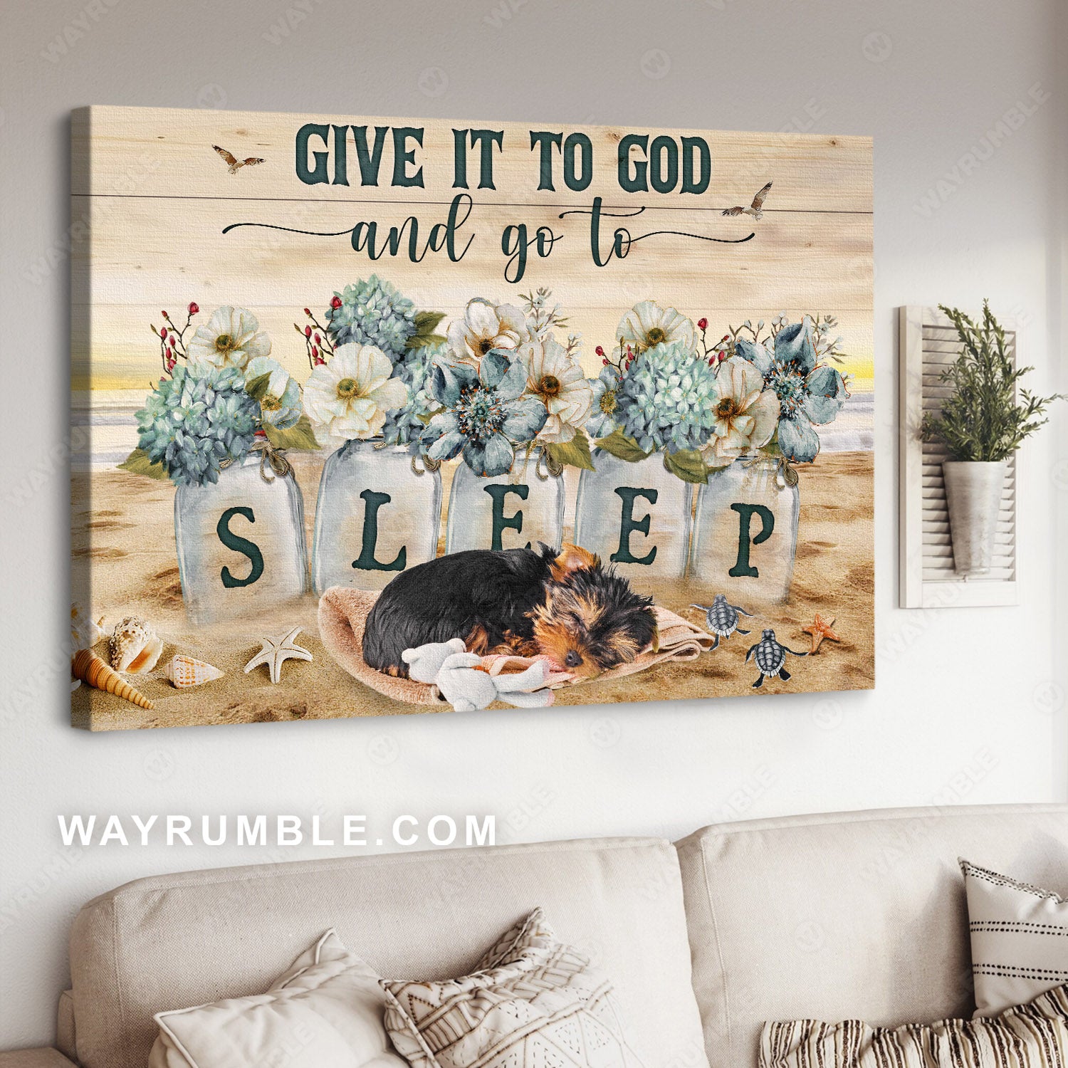 Little Yorkshire Terrier, Blue flower, Turtle, Give it to God and go to sleep - Jesus Landscape Canvas Prints, Home Decor Wall Art
