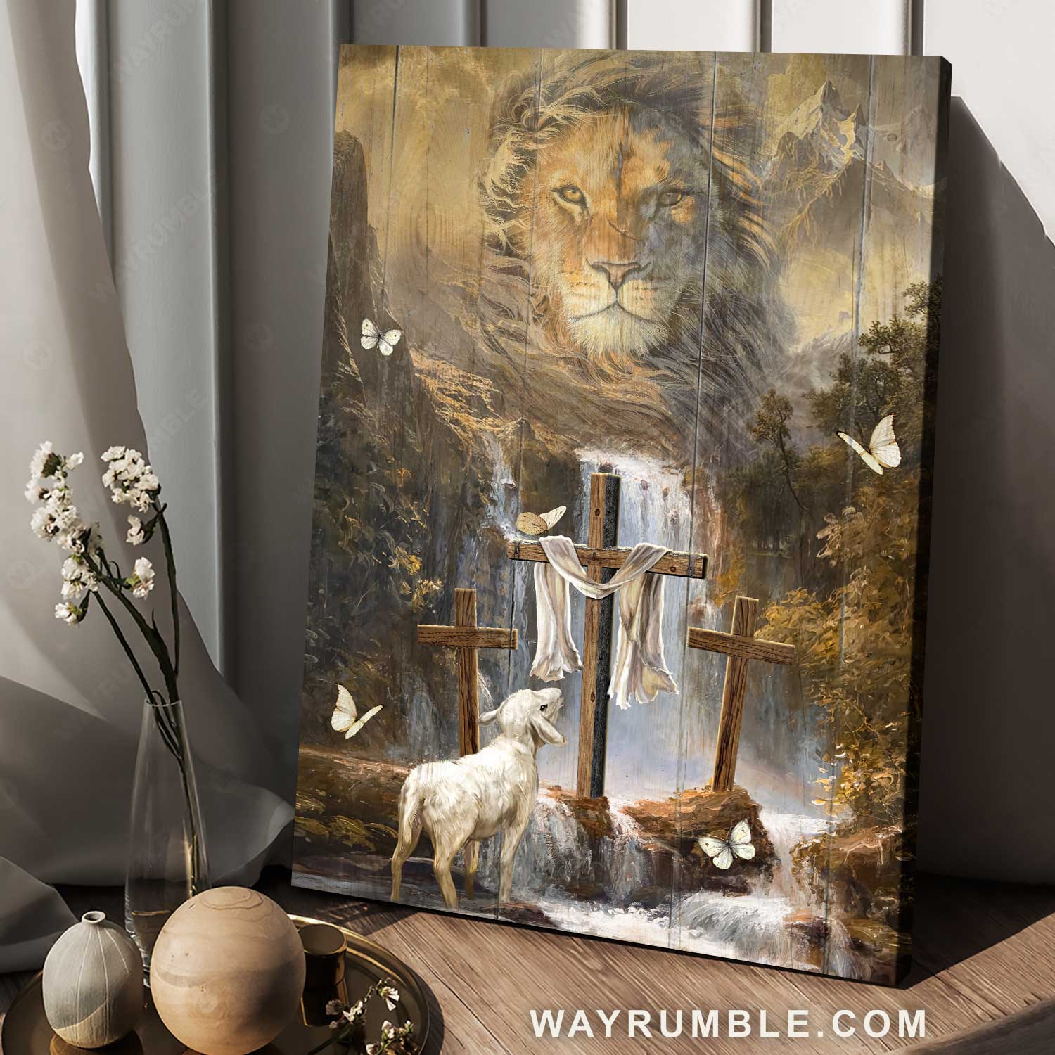 Lion of Judah, Stunning painting, Wooden cross, Lamb of God - Jesus Portrait Canvas Prints, Home Decor Wall Art