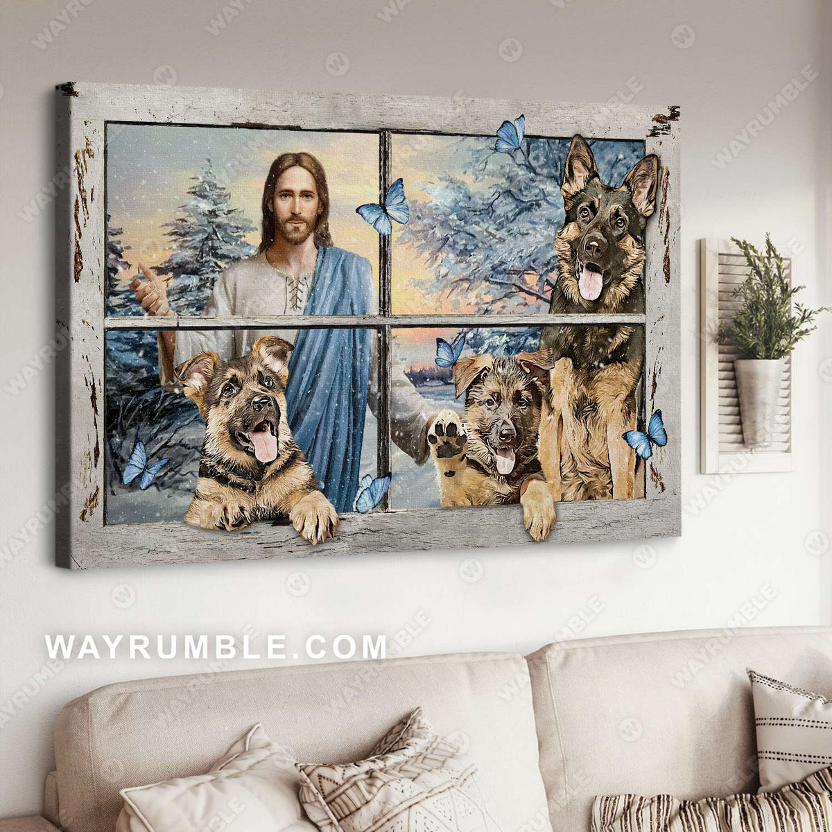 Jesus painting, Winter garden, German Shepherd drawing, A playful day with Jesus - Jesus Landscape Canvas Prints, Christian Wall Art