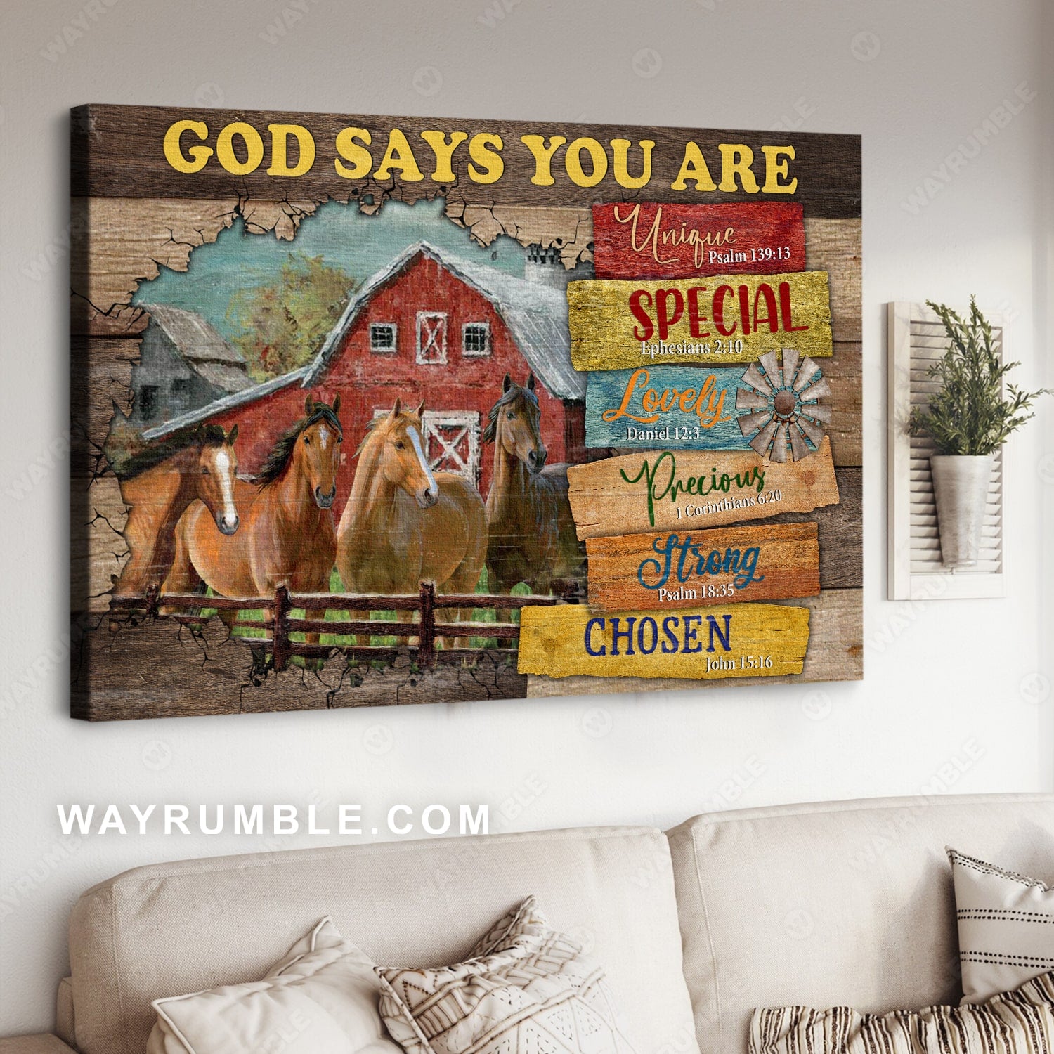 Horse painting, Red barn house, God says you are - Jesus Landscape Canvas Prints, Christian Wall Art