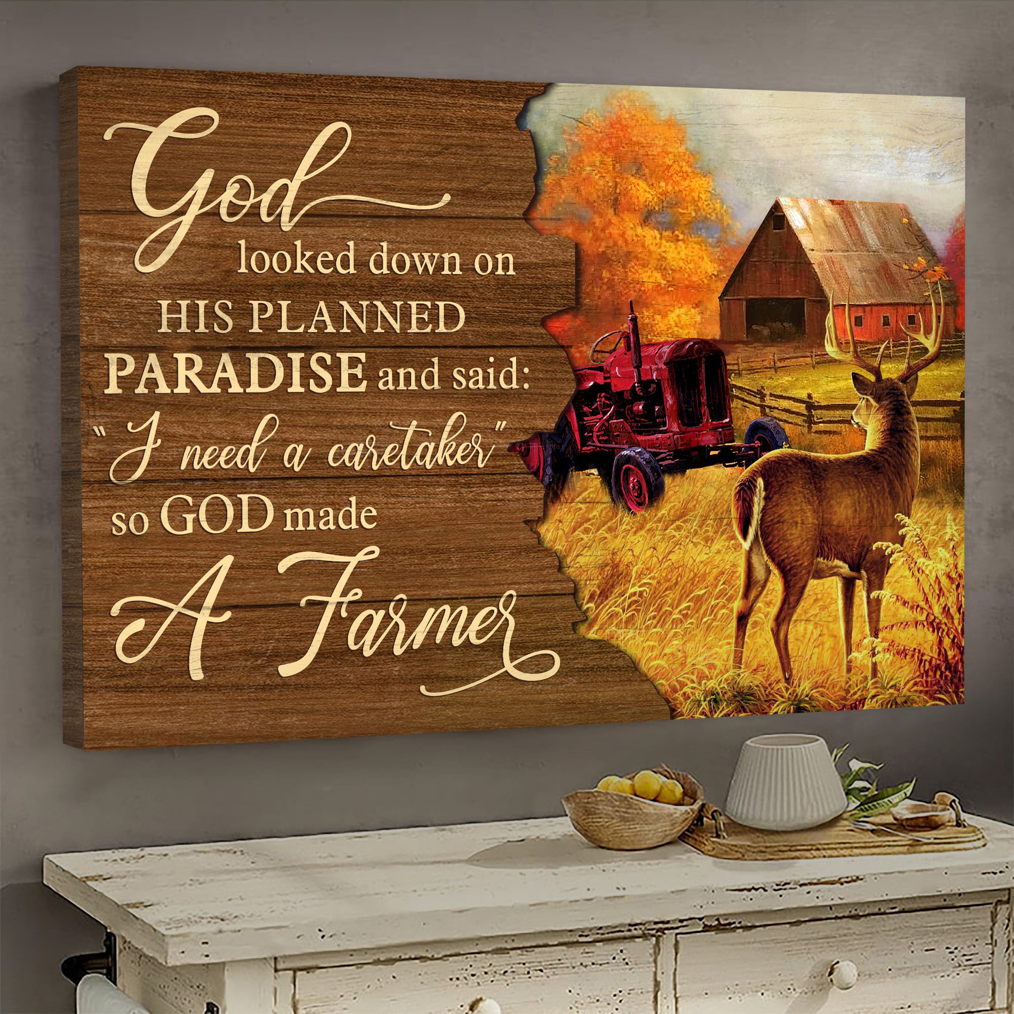 Autumn farm, Deer, Red Tractor, God need a caretaker so he made a farmer - Jesus Landscape Canvas Prints, Wall Art