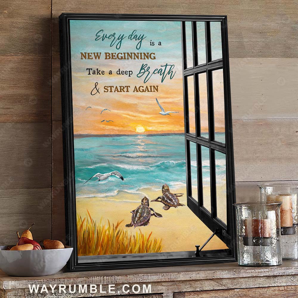 Sea turtle, Sunrise on the beach, Peaceful morning, Every day is a new beginning - Jesus Portrait Canvas Prints, Wall Art