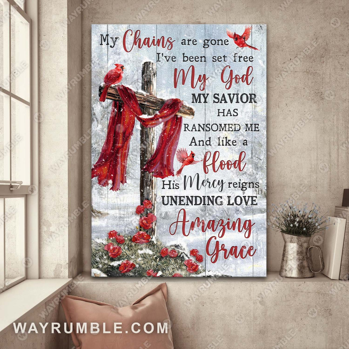 Cardinal, The wooden cross, Winter forest, His mercy reigns unending love - Jesus Portrait Canvas Prints, Wall Art