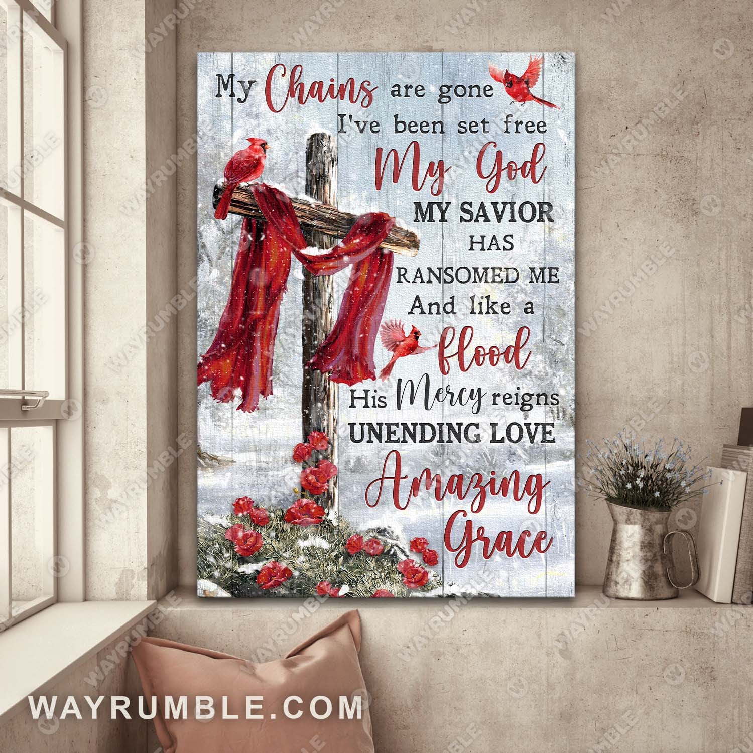 Cardinal, The wooden cross, Winter forest, His mercy reigns unending love - Jesus Portrait Canvas Prints, Wall Art