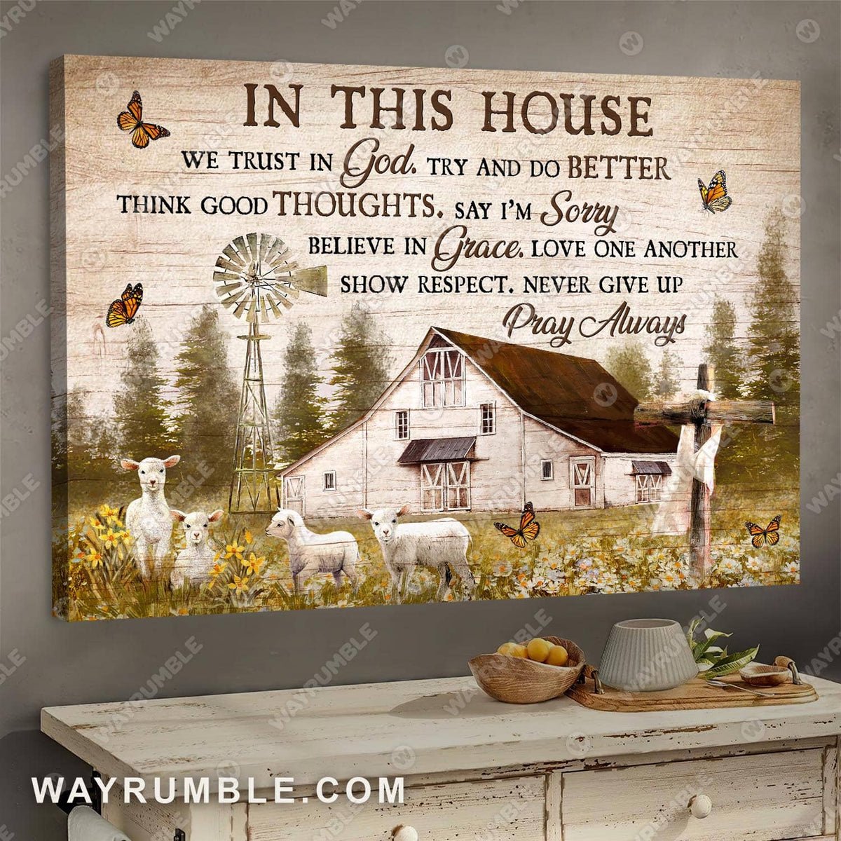 Lambs painting, Barn drawing, Flower Field, In this house, We trust in God - Jesus, Countryside Landscape Canvas Prints, Wall Art