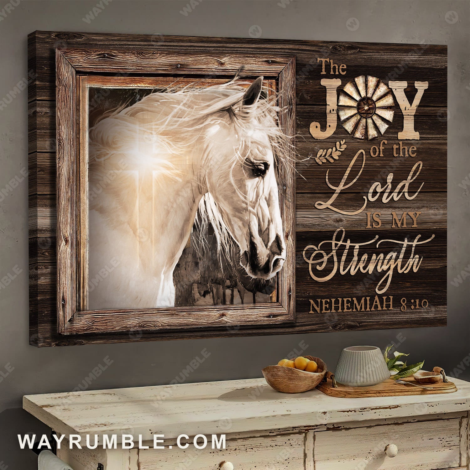 White horse, Cross light, Window frame, The Joy of the lord is my strength - Jesus Landscape Canvas Prints, Wall Art