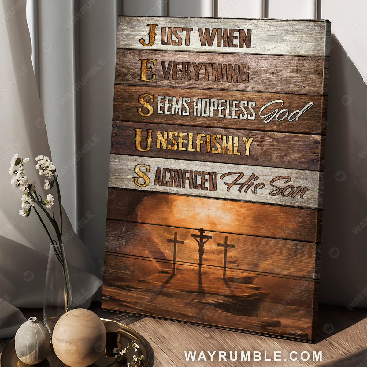 The three cross, Heaven&#39;s light, God unselfishly sacrificed his son - Jesus Portrait Canvas Prints, Christian Wall Art