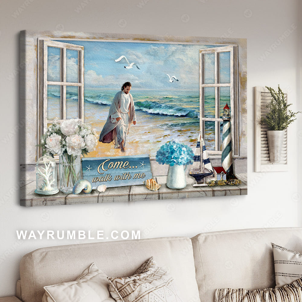 Walking with Jesus, On the seashore, Beach painting, Window frame, Come walk with me - Jesus Landscape Canvas Prints, Christian Wall Art