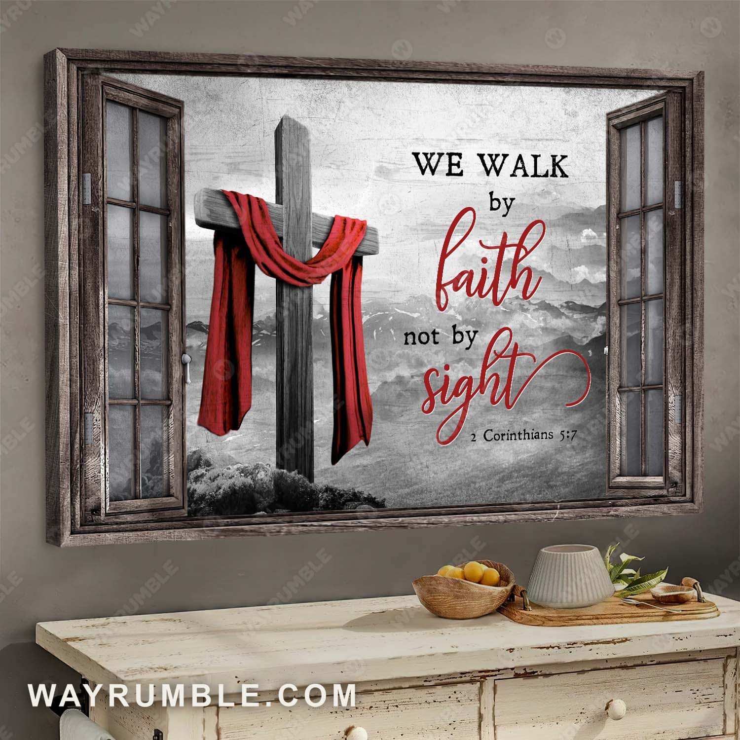 Black and white painting, The wooden cross, Red cloth, We walk by faith, not by sight - Jesus Landscape Canvas Prints, Wall Art