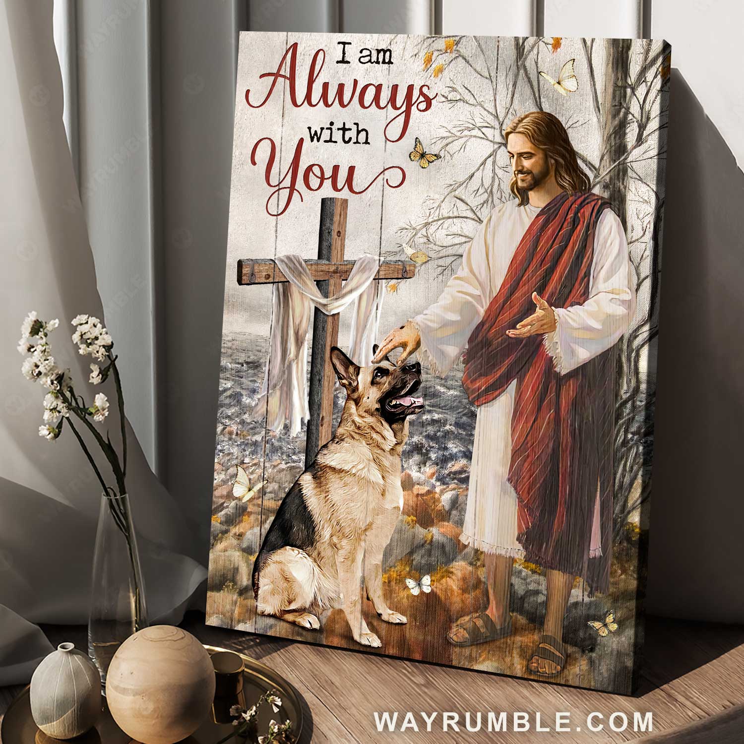 Happy Jesus, Lovely German Shepherd, Wooden cross, I am always with you - Jesus Portrait Canvas Prints, Home Decor Wall Art