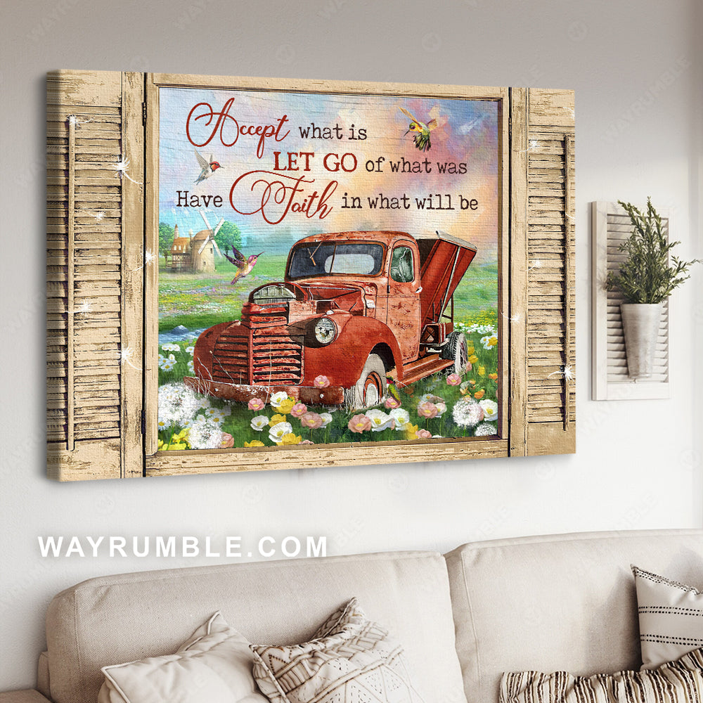 Vintage ladybug car, Colorful sunset, Flower field, Accept what is let go - Jesus Landscape Canvas Prints, Christian Wall Art