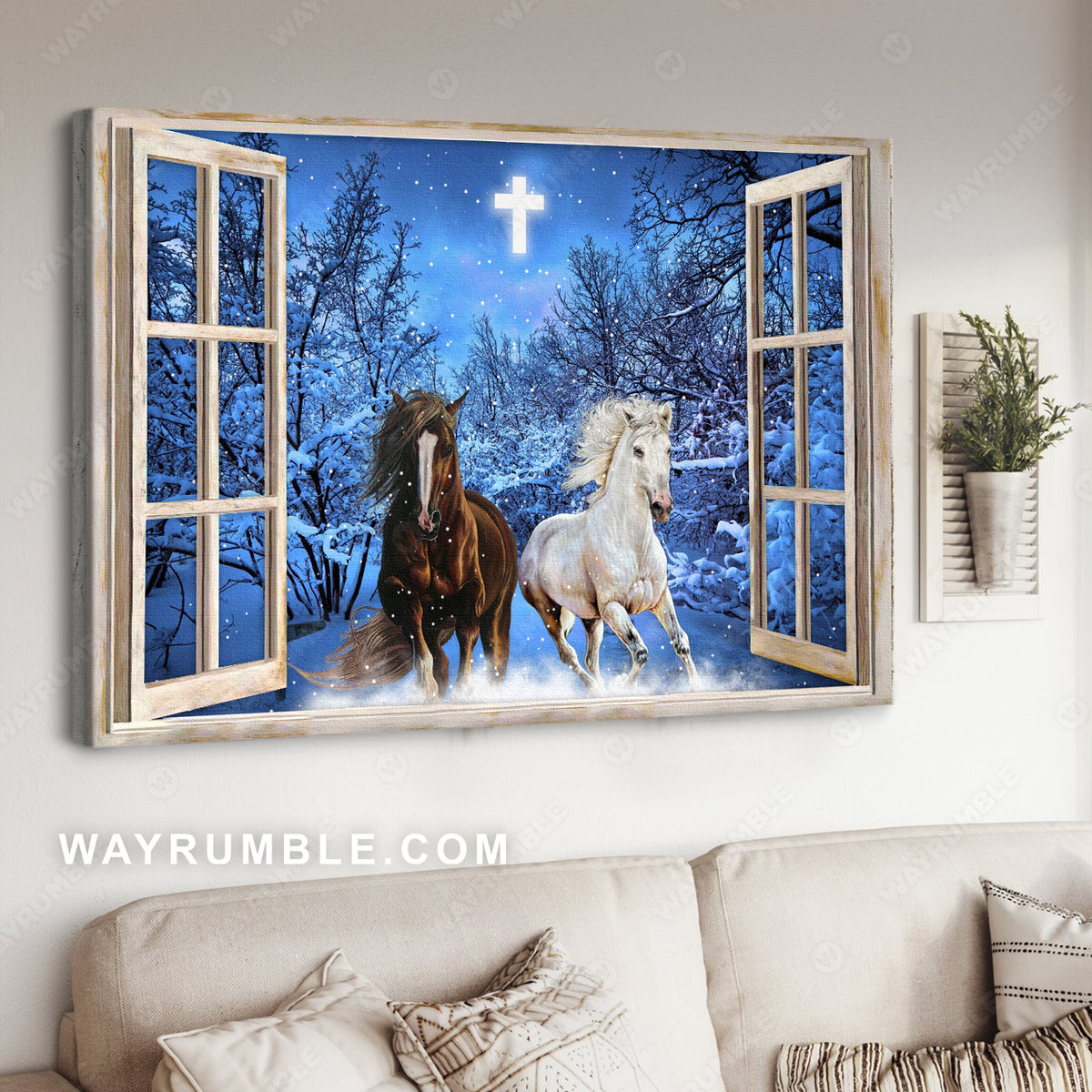 Running horses, Blue night, Crystal cross, Winter forest - Jesus Landscape Canvas Prints, Christian Wall Art