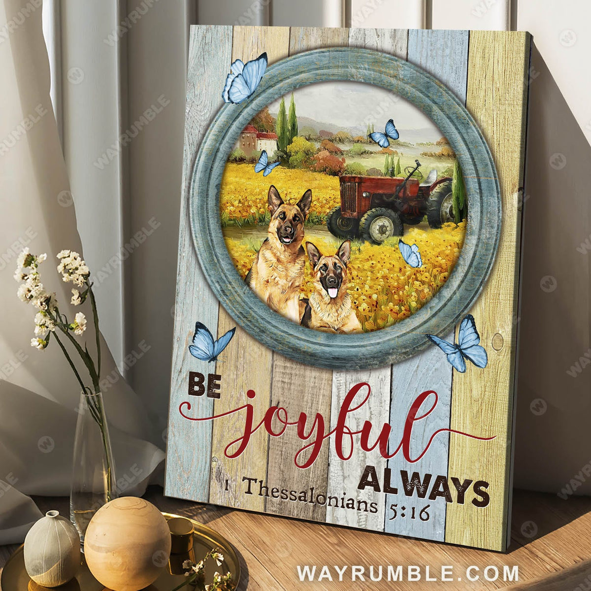 Wooden mirror, German shepherd dog, Flower field, Be joyful always - Jesus Portrait Canvas Prints, Wall Art