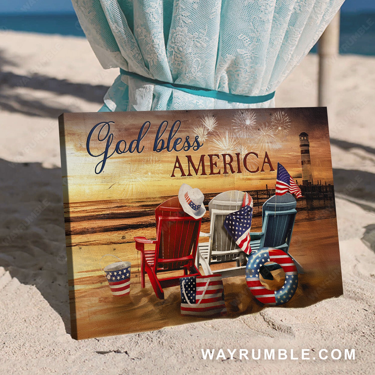 Beach chairs, American flag, Sunset beach, God bless America - Jesus Landscape Canvas Prints, Christian Wall Art
