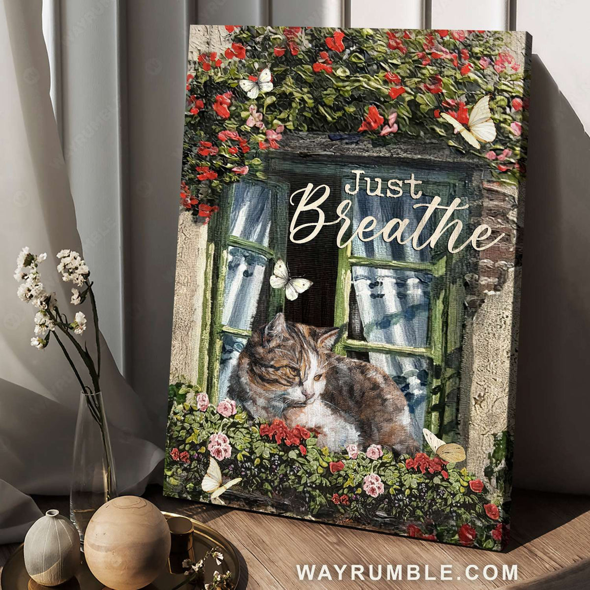 Tabby cat, Sunbathing, Red flowers, Glass window, Just breathe - Jesus Portrait Canvas Prints, Christian Wall Art