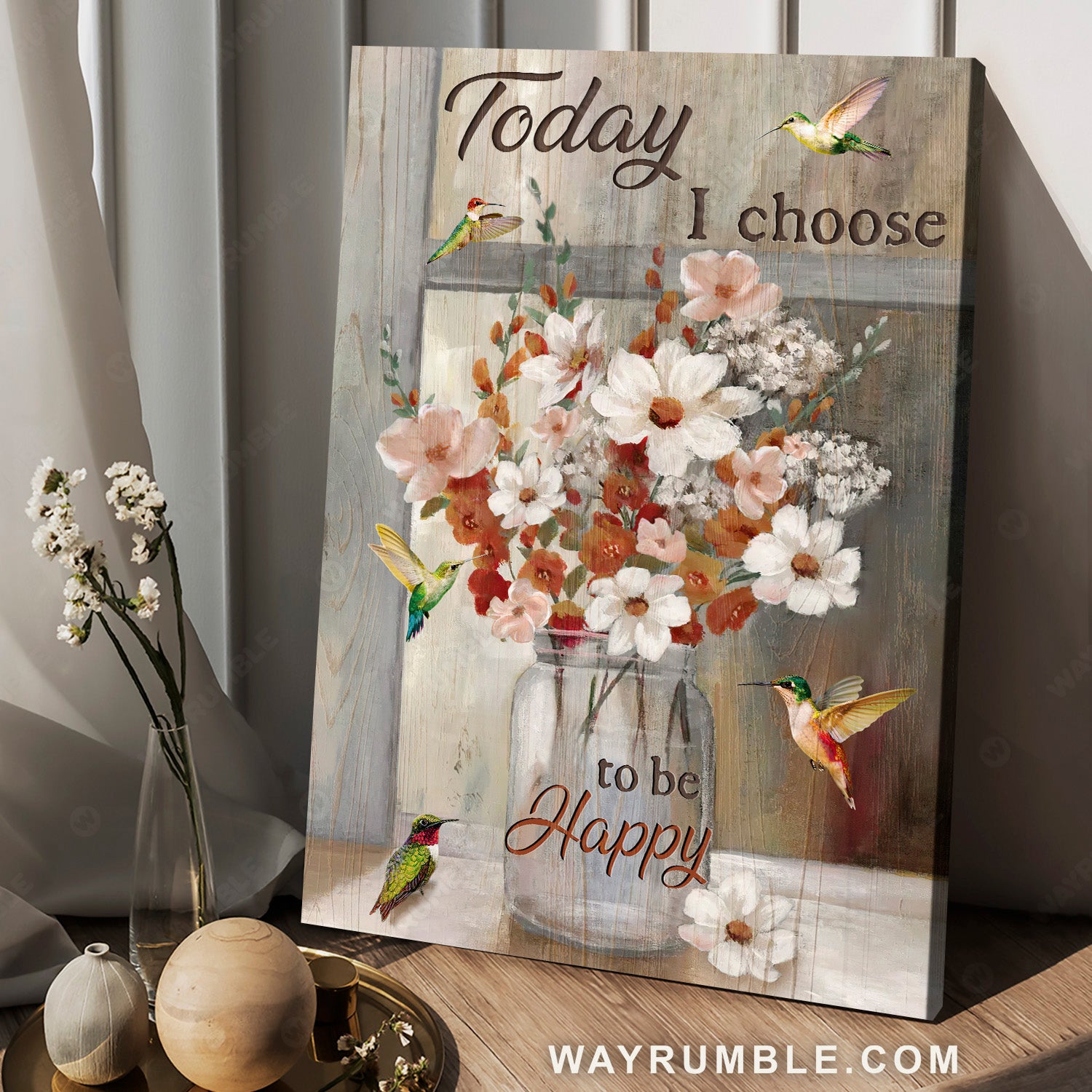 Colorful hummingbird, Light pink flower vase, Today I choose to be happy - Jesus Portrait Canvas Prints, Home Decor Wall Art
