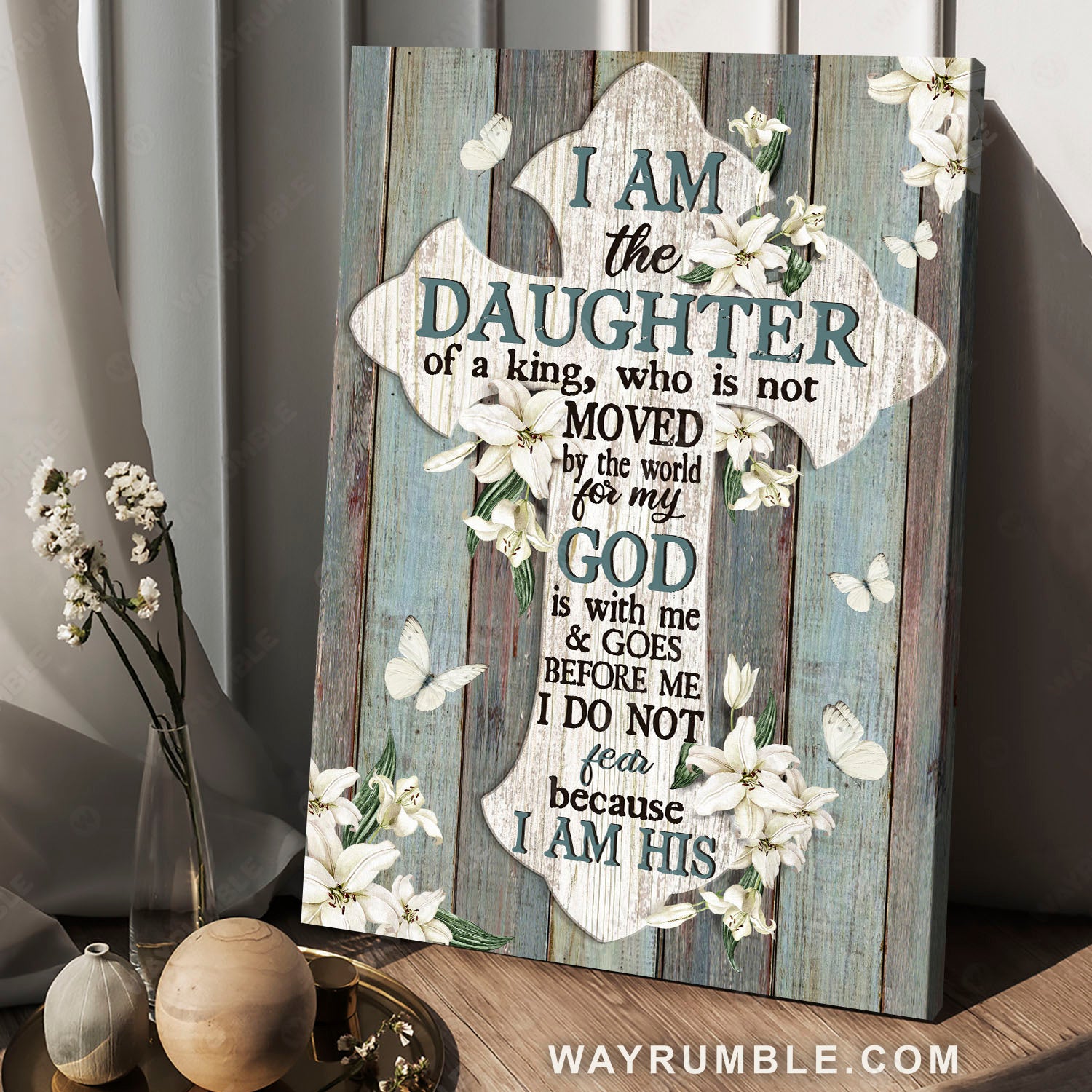 Jesus cross, White tulip, Wood planks, I am the daughter of a king - Jesus Portrait Canvas Prints, Christian Wall Art