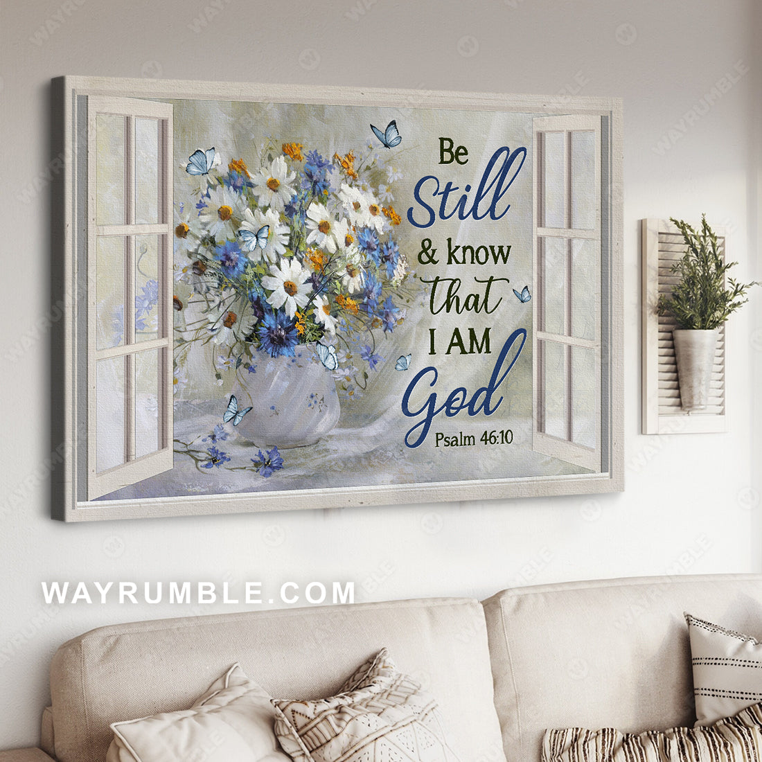 Watercolor daisy, Blue flower, Pretty butterfly, Be still and know that I am God - Jesus Landscape Canvas Prints, Christian Wall Art