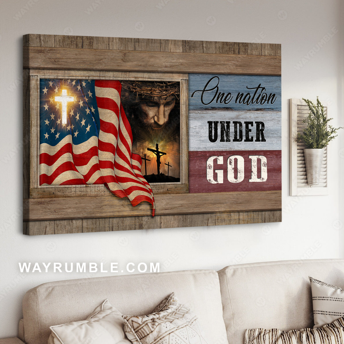 Beautiful US flag, Face of Jesus, Window painting, One nation under God - Jesus Landscape Canvas Prints, Christian Wall Art
