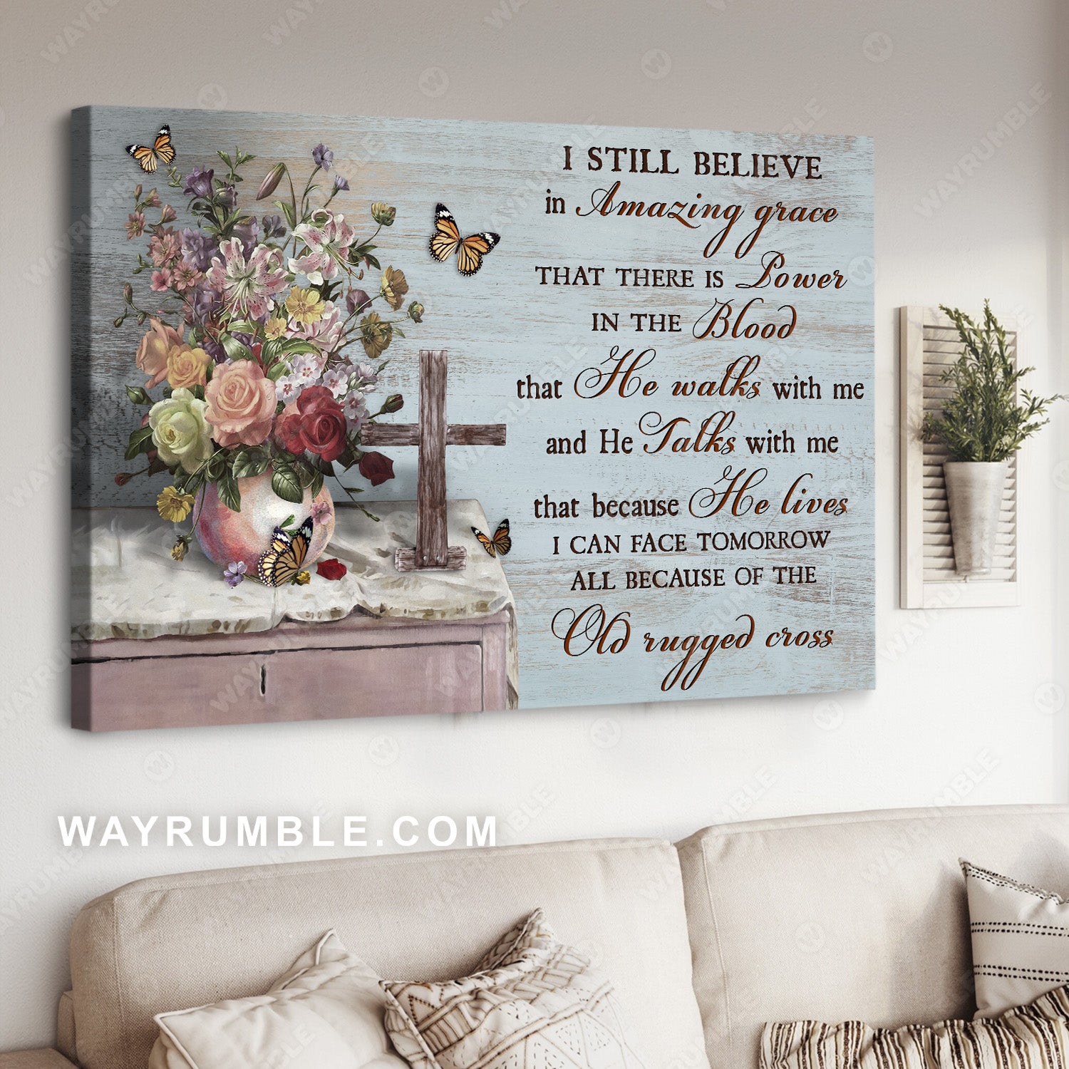Brilliant flower vase, Orange butterfly, Cross symbol, I still believe in amazing grace - Jesus Landscape Canvas Prints, Christian Wall Art