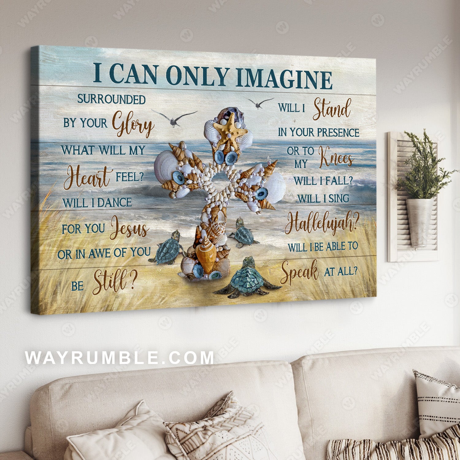 Beautiful cross, Sea turtle, Seagull, Beach painting, I can only imagine - Jesus Landscape Canvas Prints, Christian Wall Art