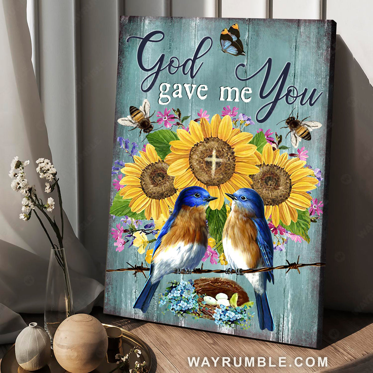 Eastern bluebirds, Bird nest, Sunflower, God gave me you - Jesus Portrait Canvas Prints, Christian Wall Art