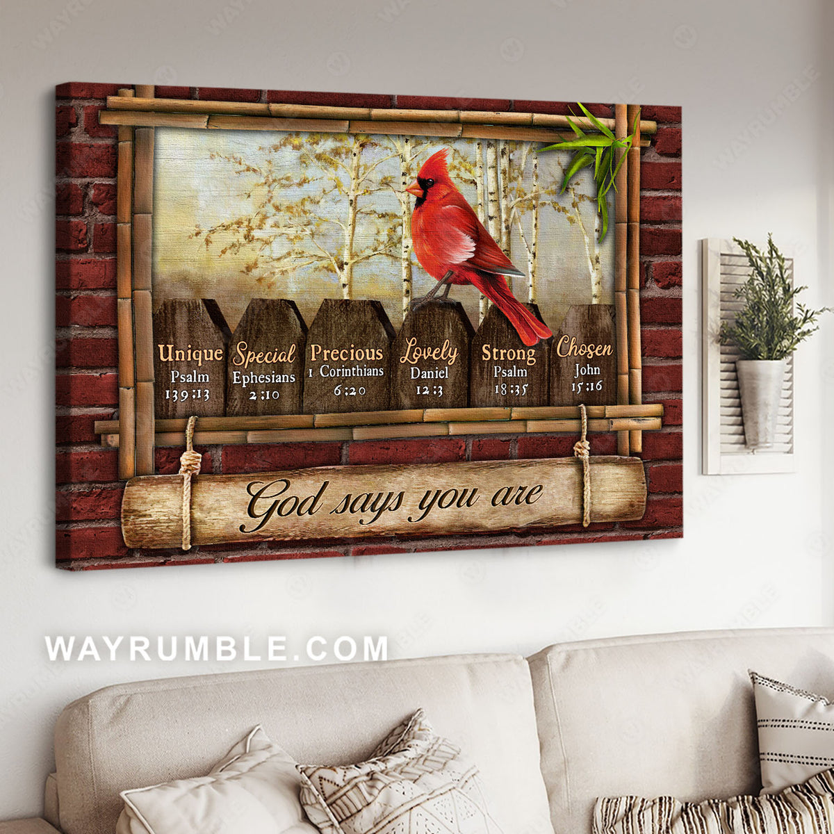 Northern cardinal, Bamboo frame, God says you are - Jesus Landscape Canvas Prints, Christian Wall Art