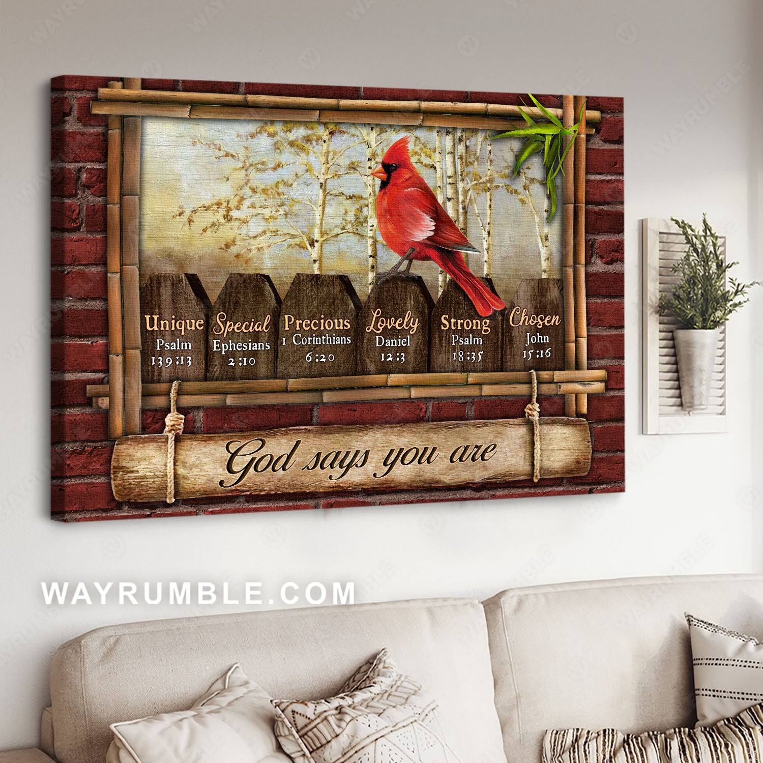 Northern cardinal, Bamboo frame, God says you are - Jesus Landscape Canvas Prints, Christian Wall Art