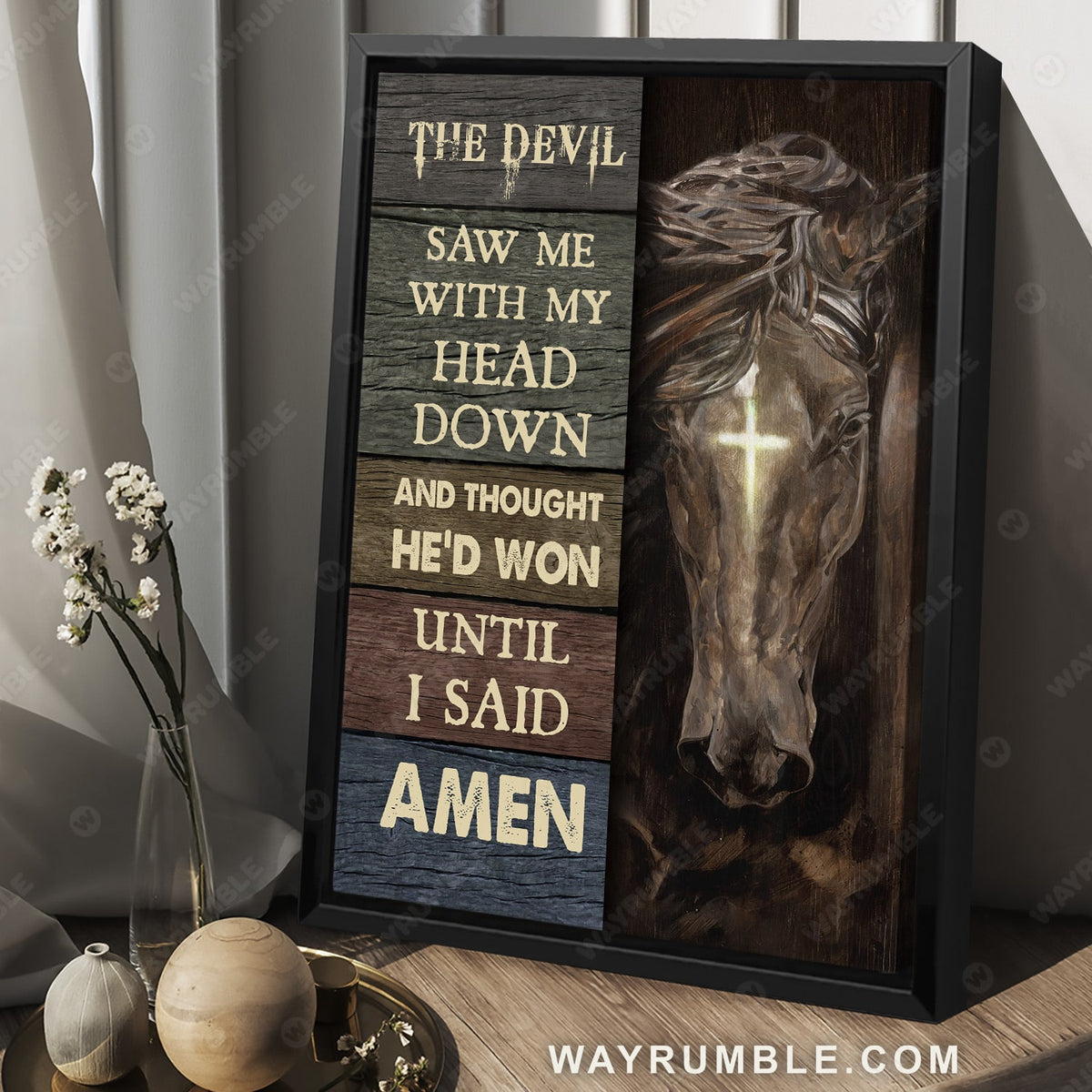Light brown horse, Small cross, The devil saw me with my head - Jesus Portrait Canvas Prints, Christian Wall Art