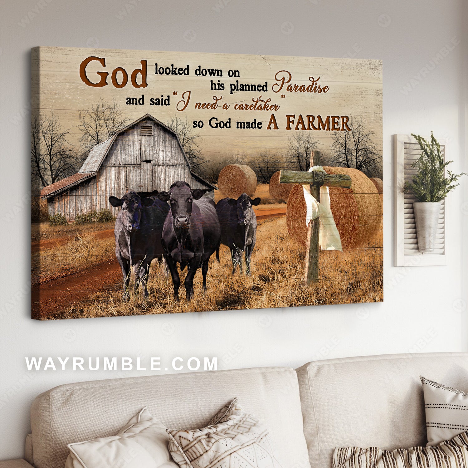 Black cow, Rice field, Old barn, God looked down on his planned paradise - Jesus Landscape Canvas Prints, Christian Wall Art