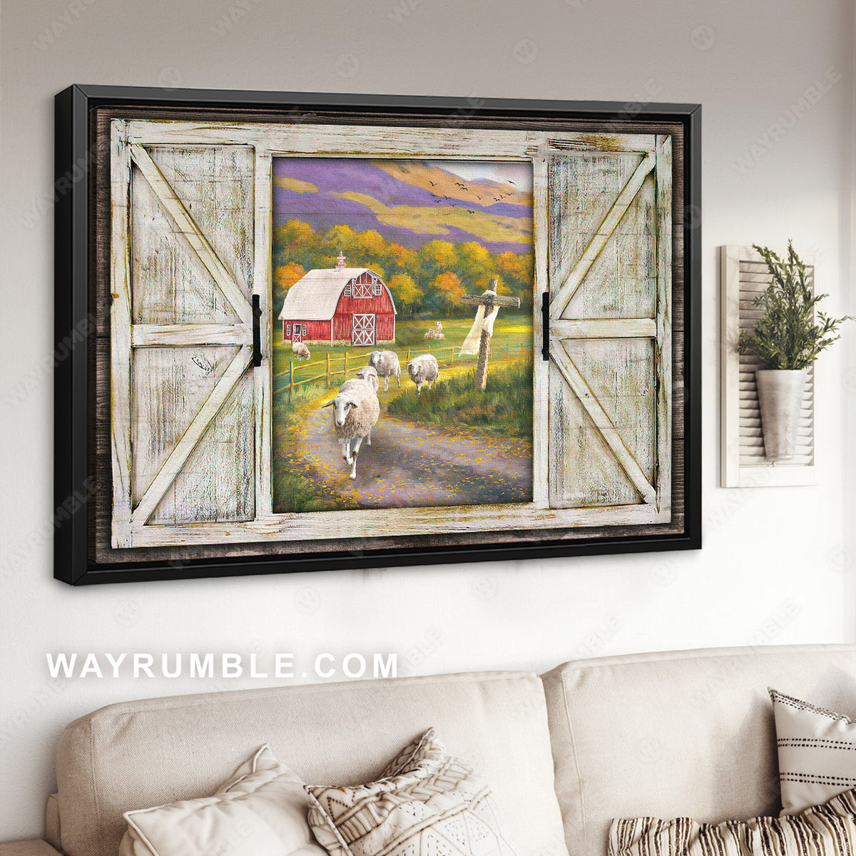 Unique lamb drawing, Green meadow, Colorful mountain, Cross symbol - Jesus Landscape Canvas Prints, Christian Wall Art