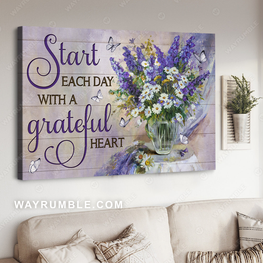 Beautiful lavender flower, Daisy vase, Start each day with a grateful heart - Jesus Landscape Canvas Prints, Christian Wall Art