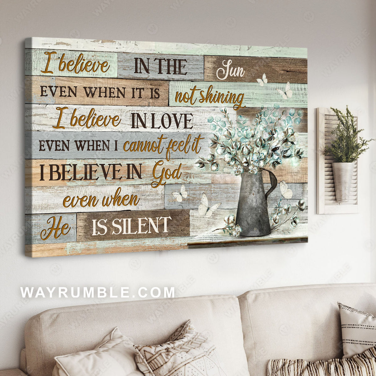 Cotton flowers, Table vase, White butterfly, I believe in God - Jesus Landscape Canvas Prints, Christian Wall Art
