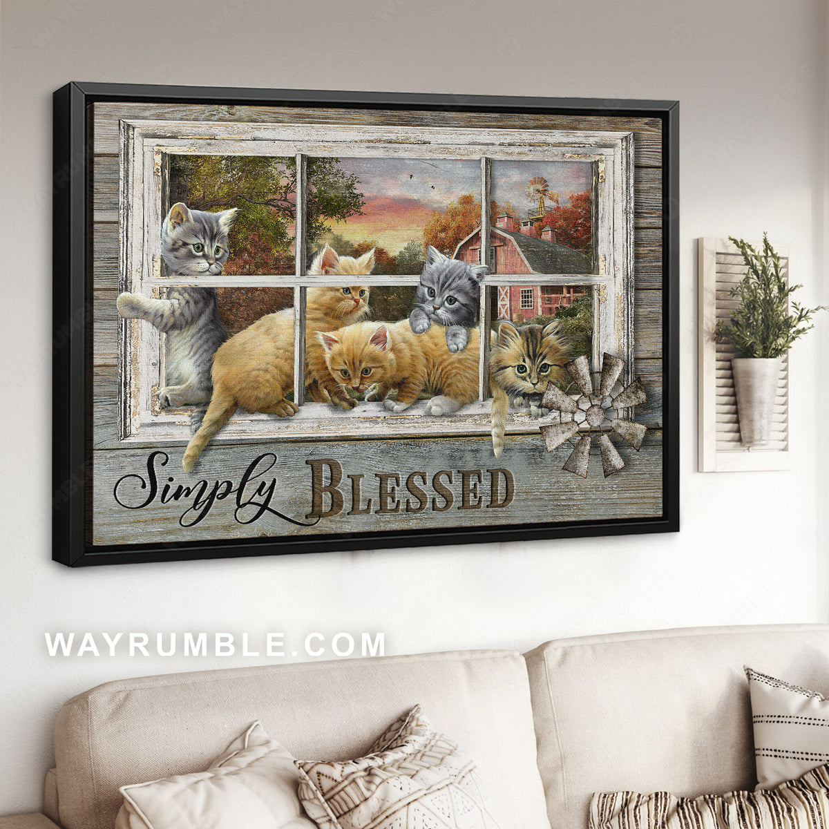 Little cat painting, Antique window, Countryside drawing, Simply blessed - Jesus Landscape Canvas Prints, Christian Wall Art