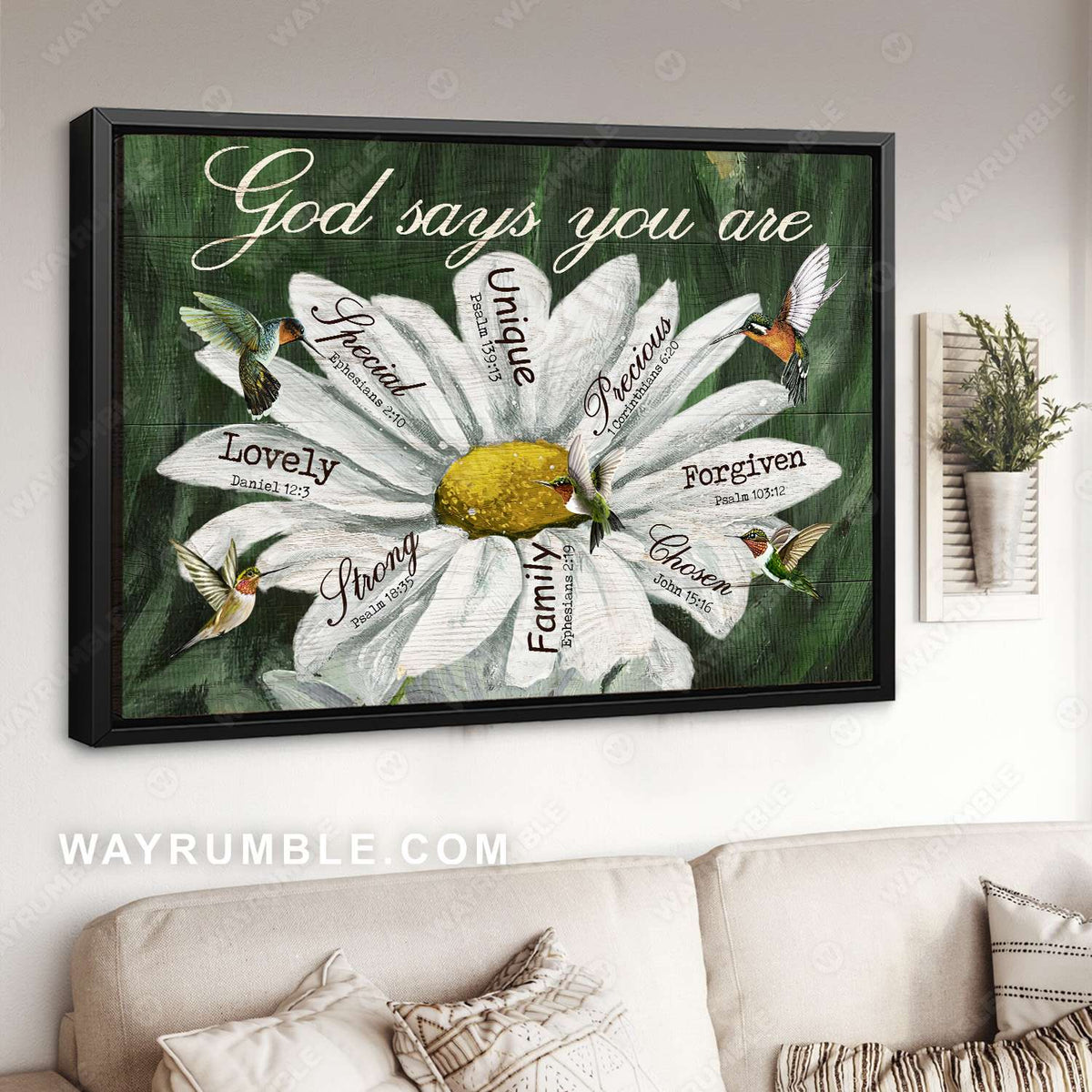 White daisy, Hummingbird, Flower painting, God says you are - Jesus Landscape Canvas Prints, Christian Wall Art