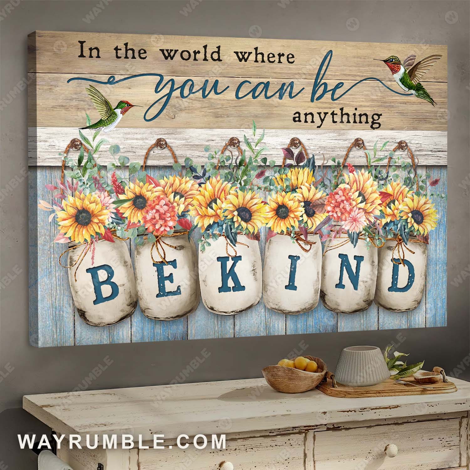 Hummingbird, Vintage flower, Sunflower jar, In the world where you can be anything, Be kind - Jesus Landscape Canvas Prints, Wall Art