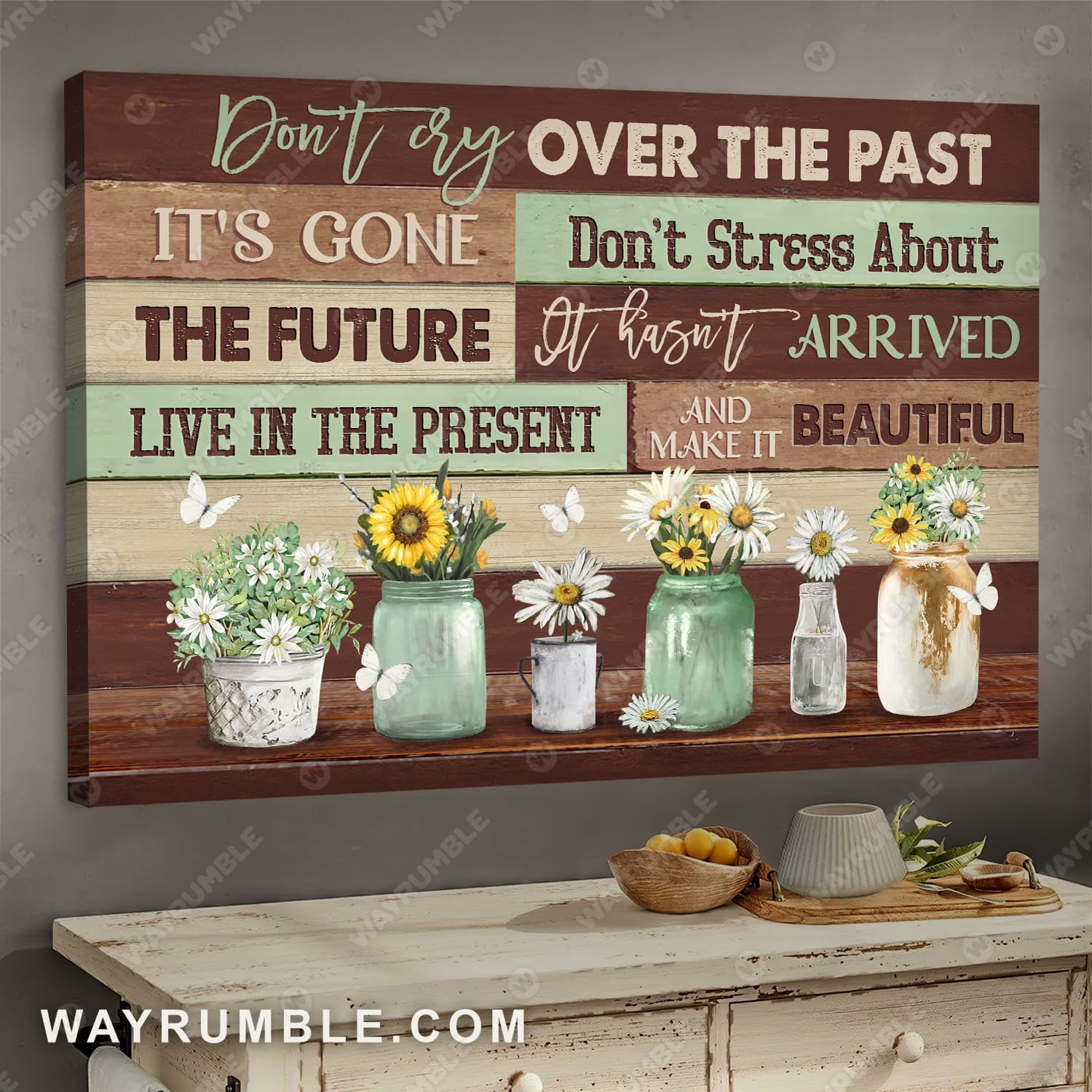 Baby sunflower, Beautiful daisy, White butterfly, Don't cry over the past - Jesus Landscape Canvas Prints, Wall Art