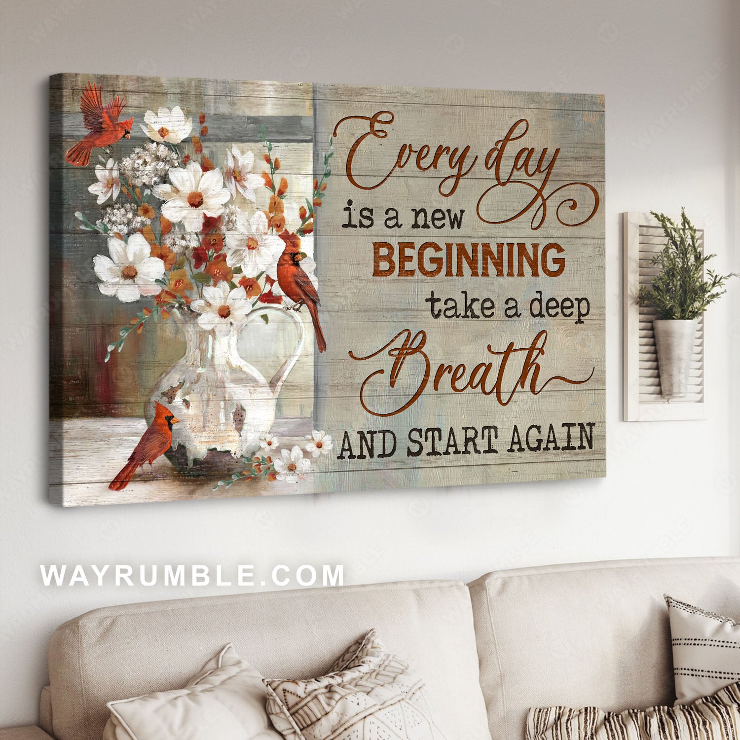 Red cardinals, White camellia, Flower vase, Every day is a new beginning - Jesus Landscape Canvas Prints, Christian Wall Art