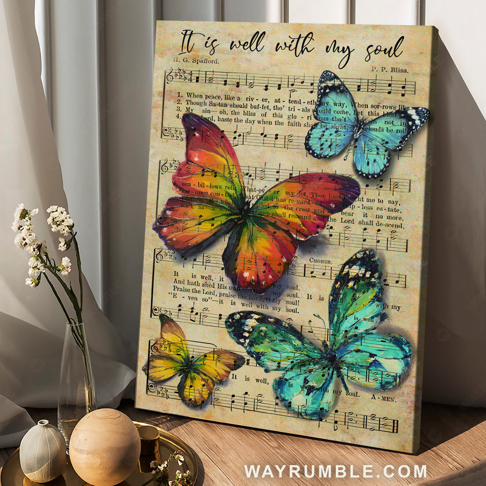 Brilliant butterfly, Antique music sheet, It is well with my soul - Jesus Portrait Canvas Prints, Christian Wall Art