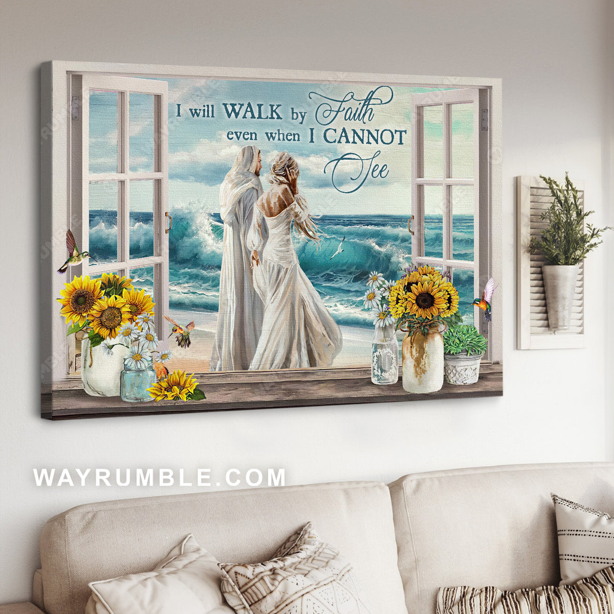Beautiful woman, Jesus painting, Ocean wave, I will walk by faith - Jesus Landscape Canvas Prints, Christian Wall Art