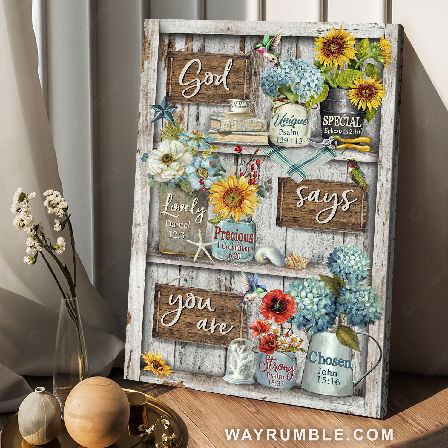 Lovely flower garden, Colorful hummingbird, Red poppy, God says you are unique - Jesus Portrait Canvas Prints, Christian Wall Art