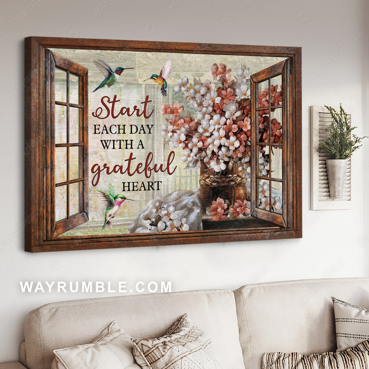 Blossom flower, Hummingbird, Window frame, Start each day with a grateful heart - Jesus Landscape Canvas Prints, Christian Wall Art