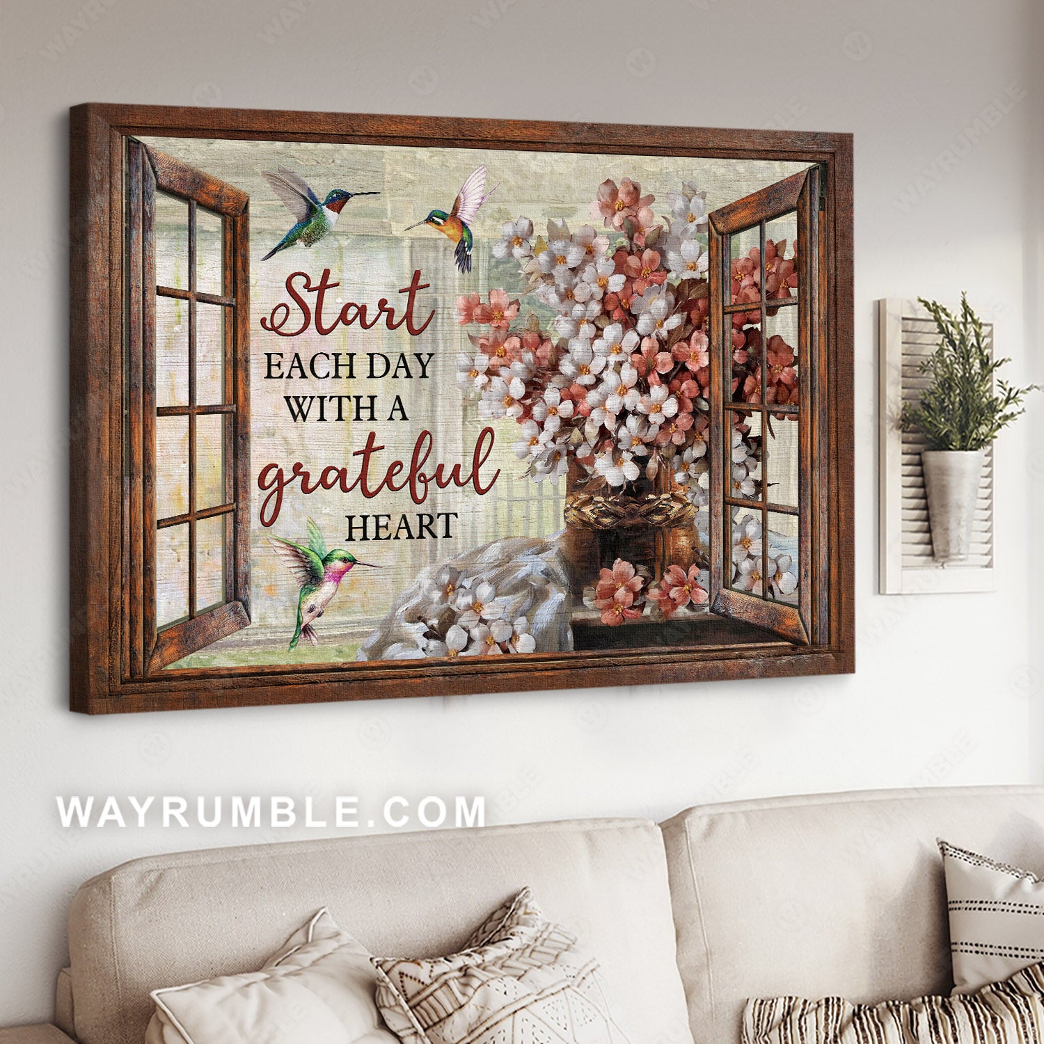 Blossom flower, Hummingbird, Window frame, Start each day with a grateful heart - Jesus Landscape Canvas Prints, Christian Wall Art