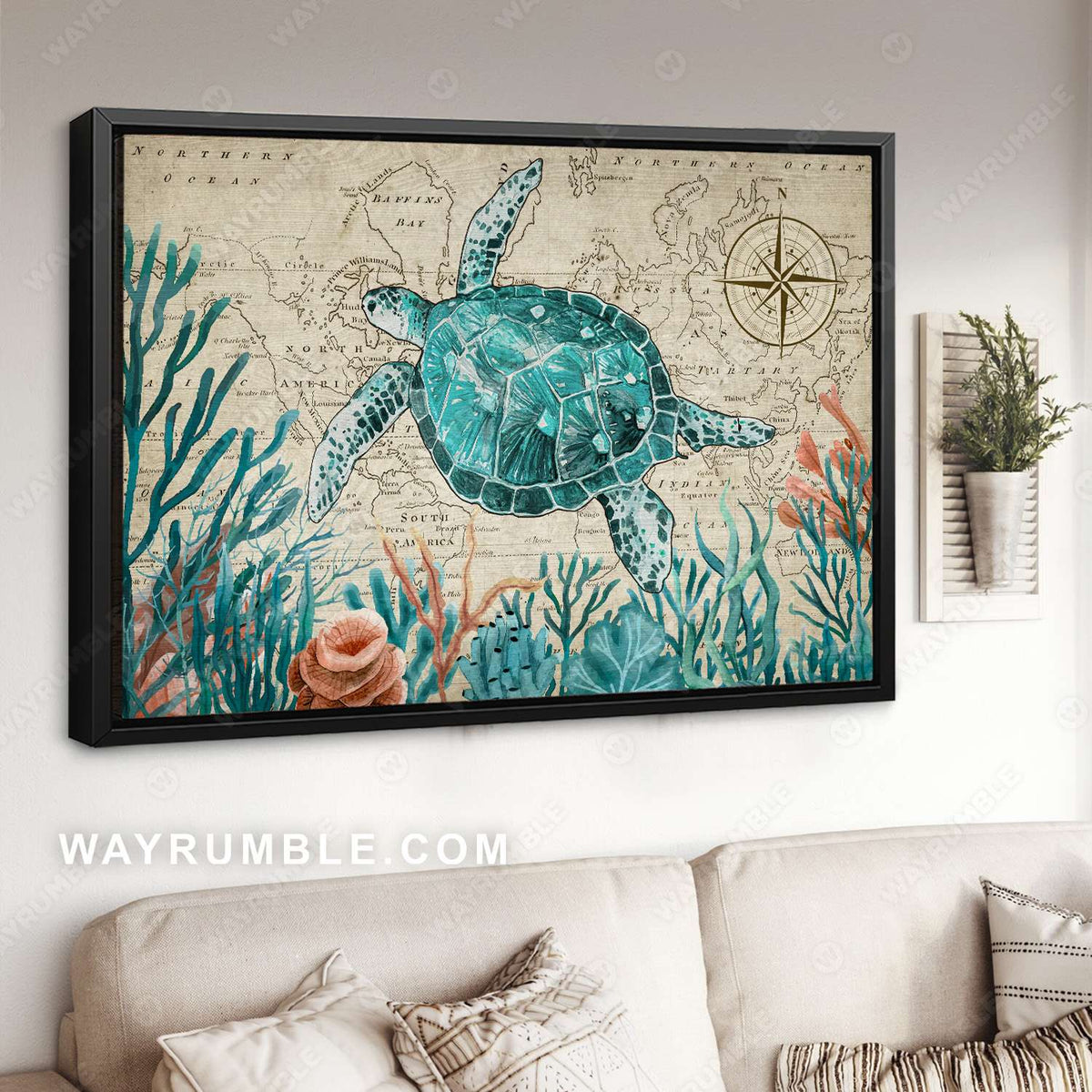 Sea turtle, Seaweed, Ocean world, Map background - Jesus Landscape Canvas Prints, Christian Wall Art
