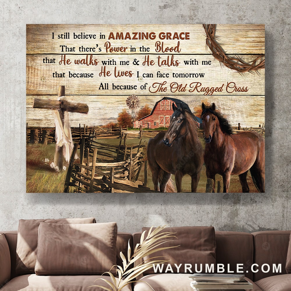 Quarter horses, Wooden fence, Yellow sky, I still believe in amazing grace - Jesus Landscape Canvas Prints, Christian Wall Art